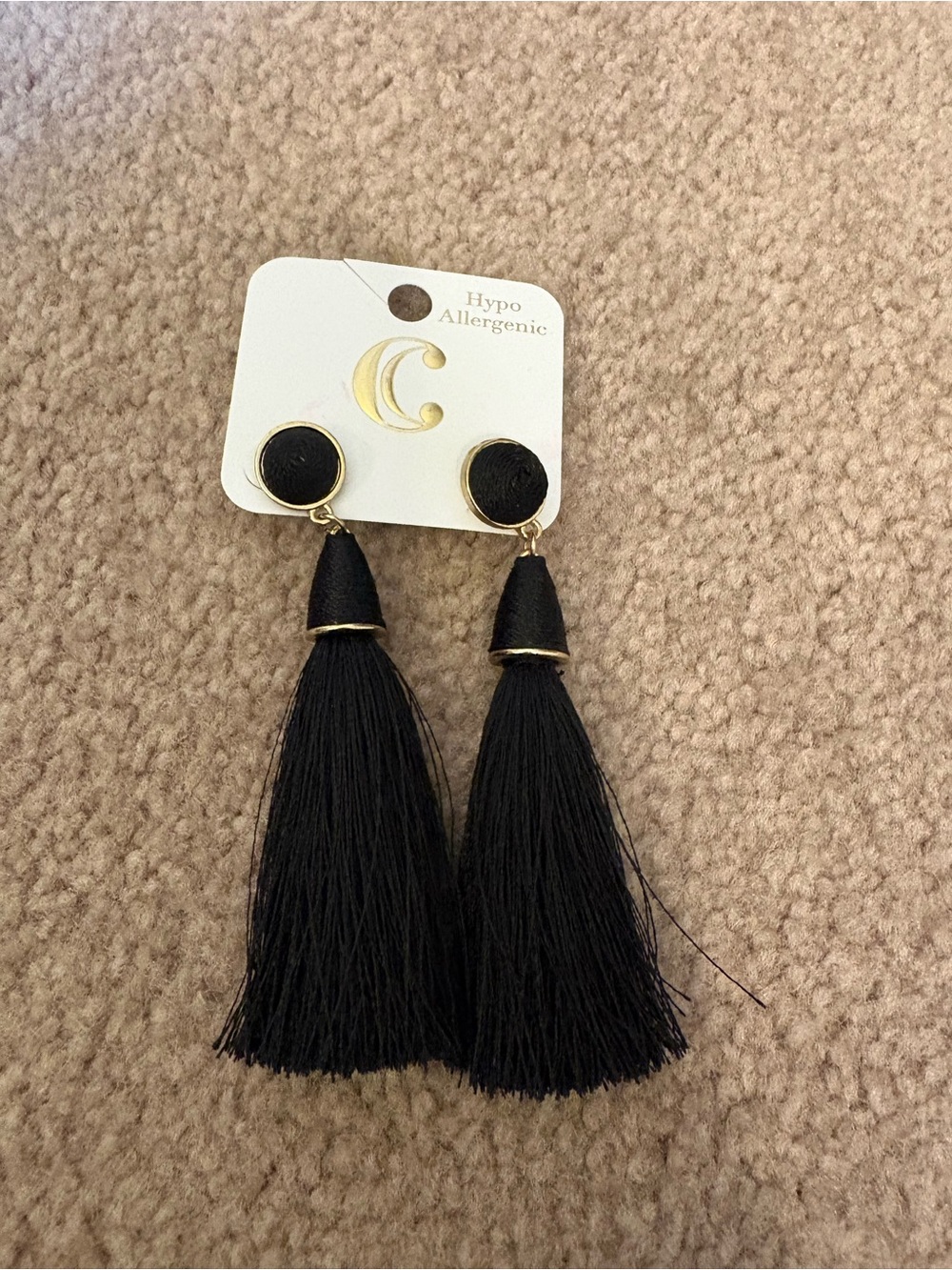 Black Tassel Drop Earrings with Gold Accents